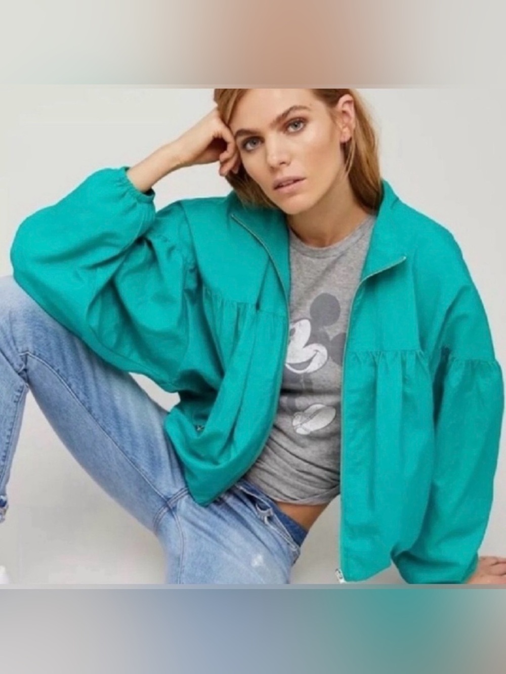 Free People Nylon Cropped Bomber Jacket Full Zip Balloon Sleeve Lined Pockets S